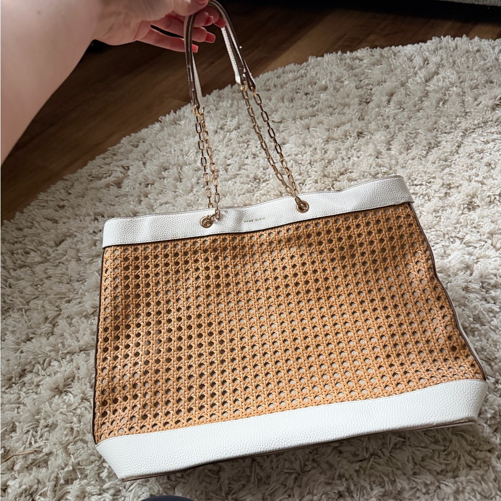 Anne Klein White and Tan Woven Tote Purse gold chain beautiful like new bag